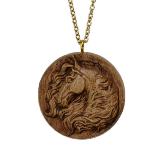 Horse Carved Wood Pendant Necklace