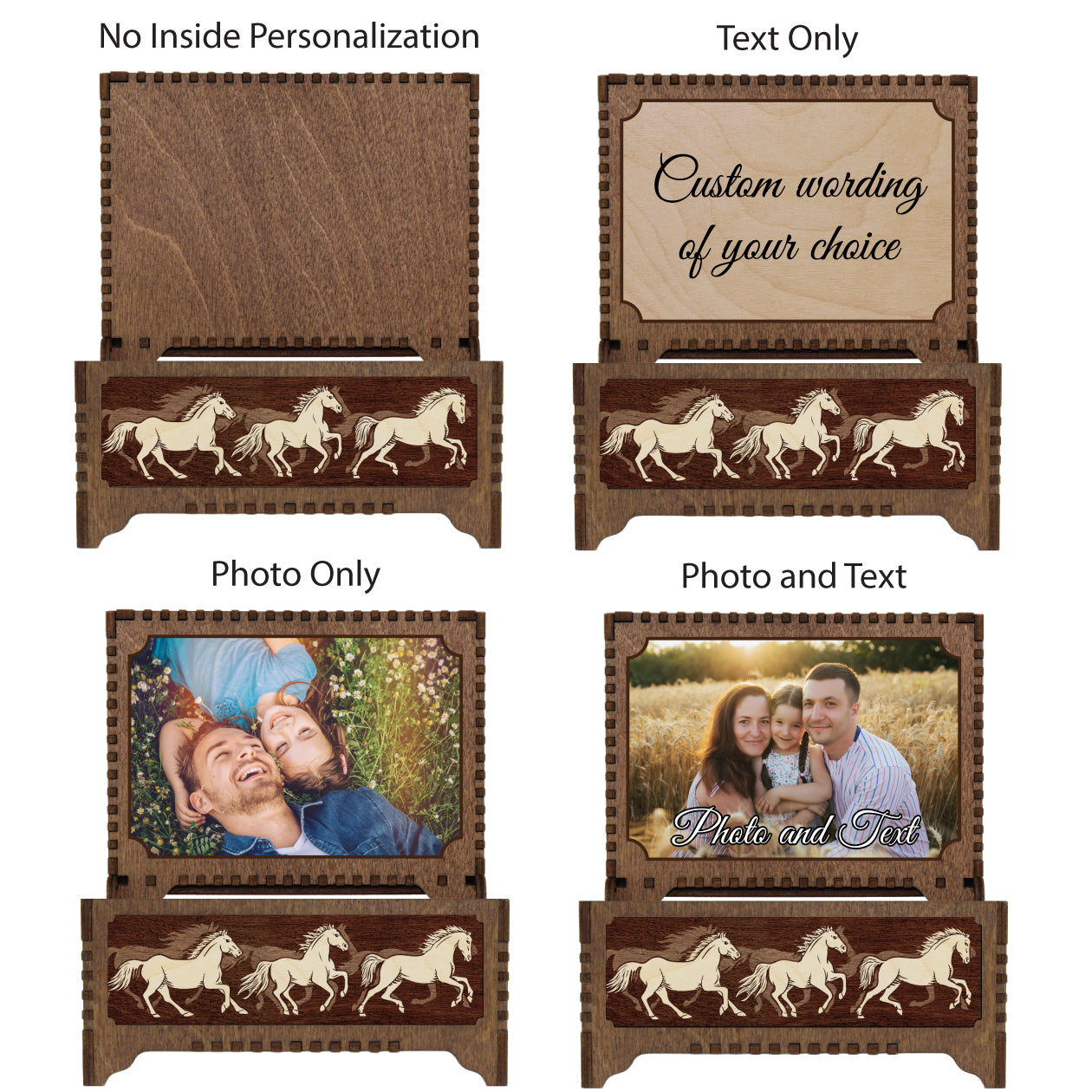 Set of wooden music boxes with horse designs and various customization options on a white background.