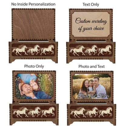 Set of wooden music boxes with horse designs and various customization options on a white background.