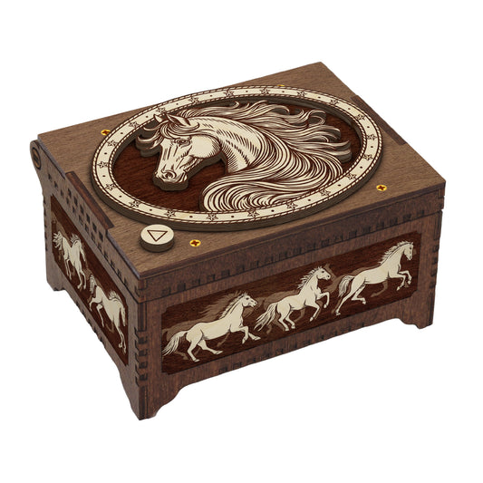 Wooden music box with horse design on a white background