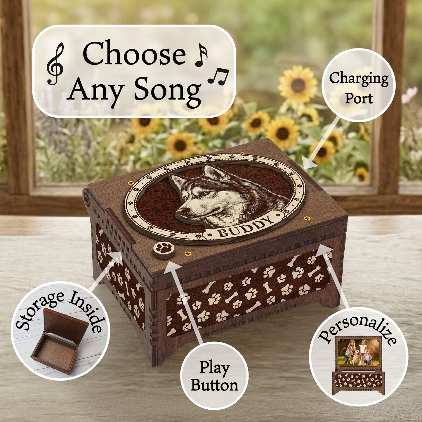 Husky Dog Custom Memorial Music Box, Keepsake Urn
