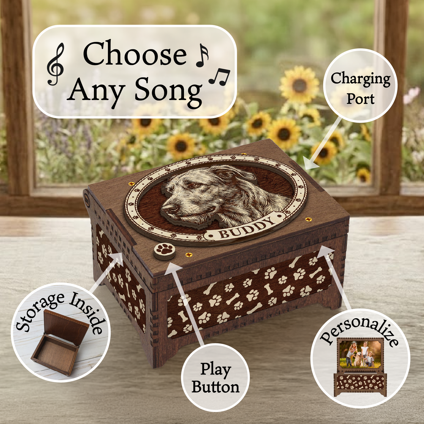 Irish Wolfhound Dog Custom Memorial Music Box, Keepsake Urn