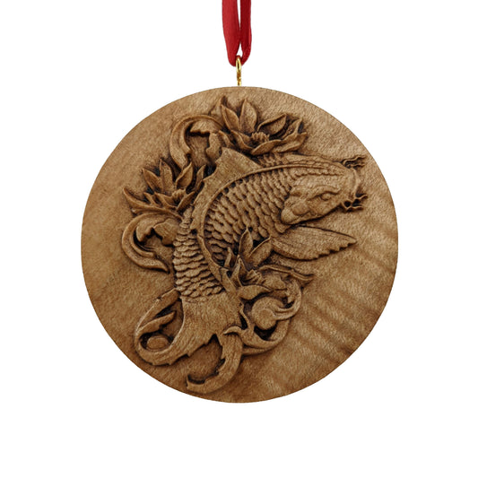 Koi Fish Carved Wood Ornament