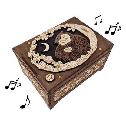 Engraved Mother and Baby Owl Music Box