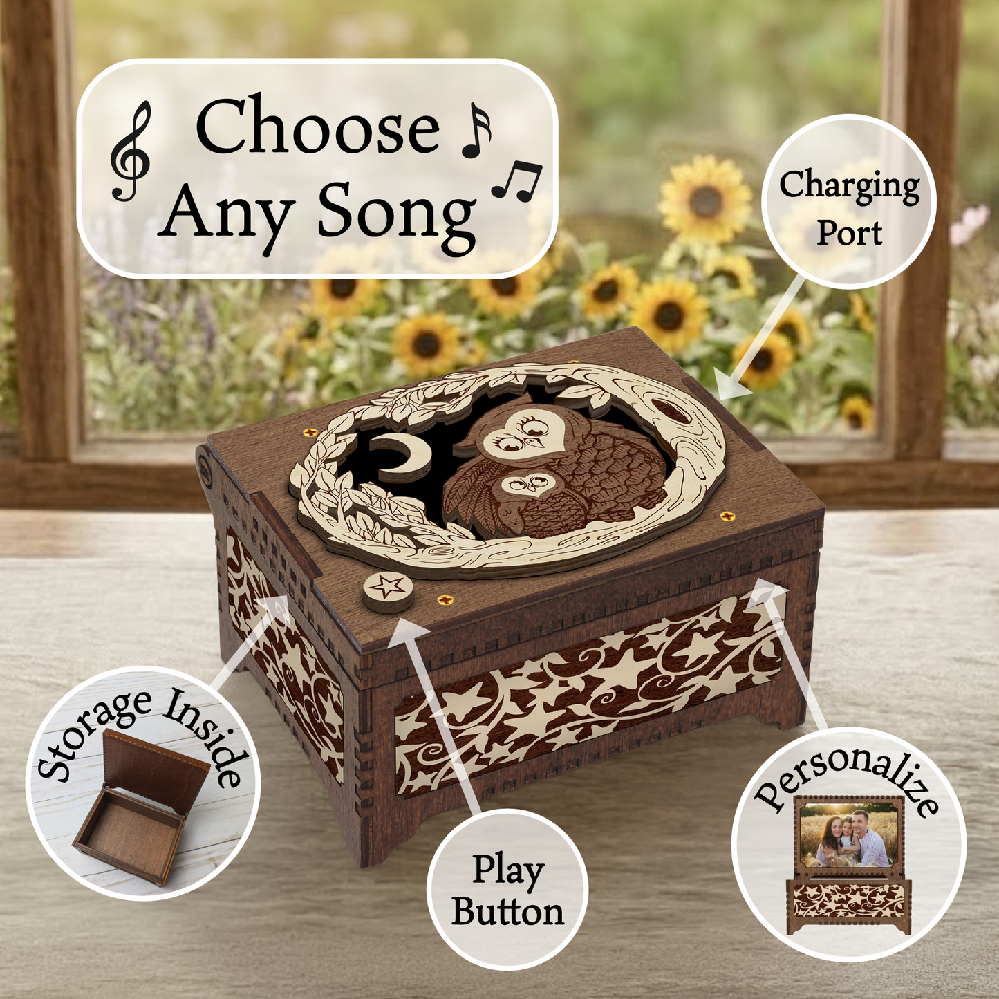 Engraved Mother and Baby Owl MP3 Music Box