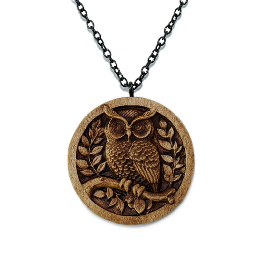 Owl Carved Wood Pendant Necklace