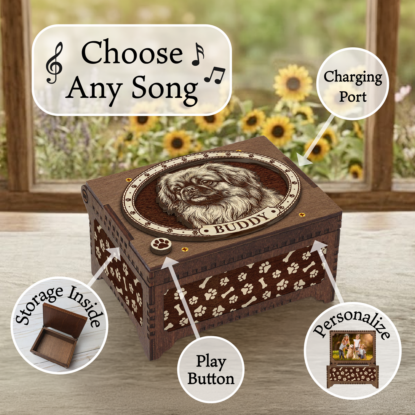 Pekingese Dog Custom Memorial Music Box, Keepsake Urn