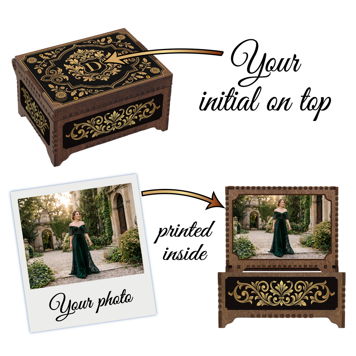 Monogram Wooden Music Box, Baroque Black & Gold Custom Initial Keepsake