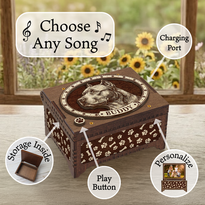 Pit Bull Dog Custom Memorial Music Box, Keepsake Urn
