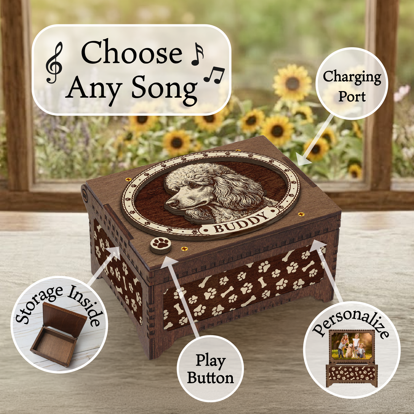 Poodle Dog Custom Memorial Music Box, Keepsake Urn