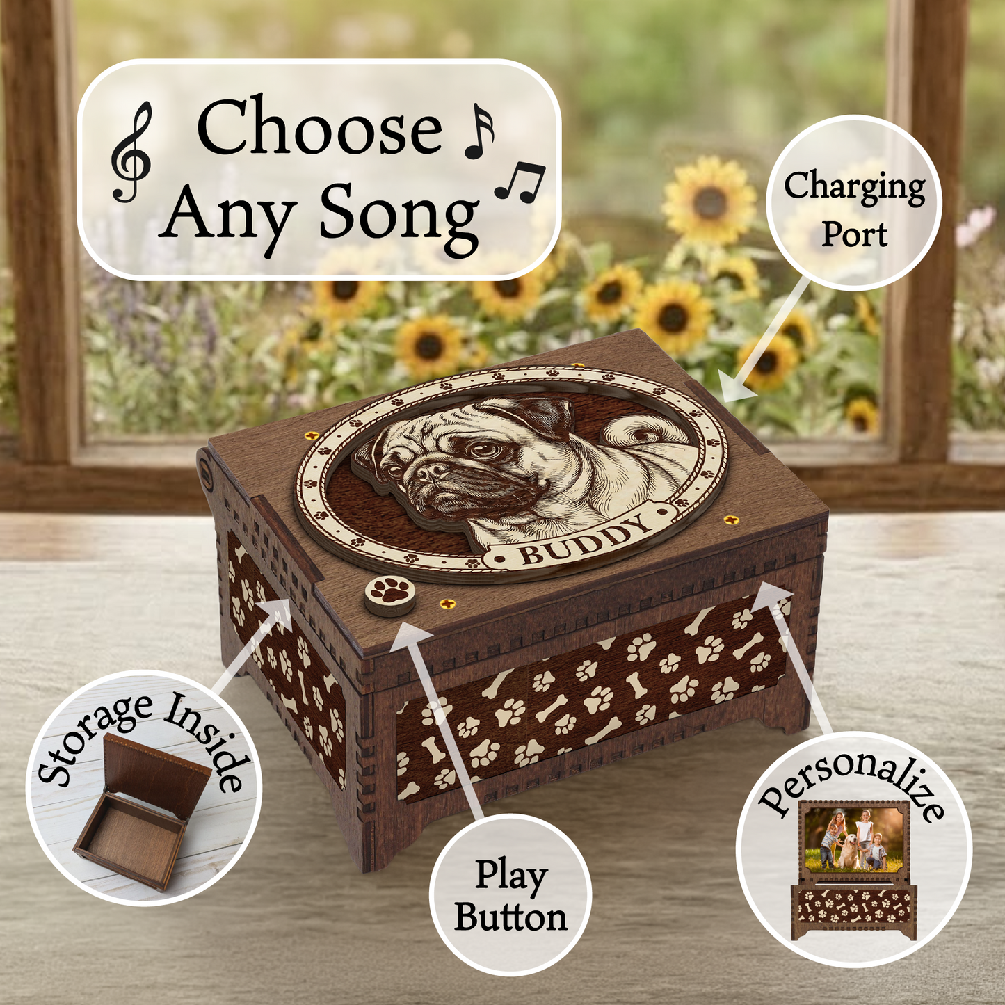 Pug Dog Custom Memorial Music Box, Keepsake Urn