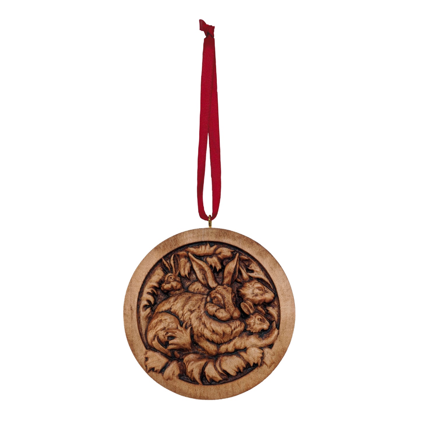 Rabbit Family Carved Wood Ornament
