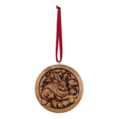 Rabbit Family Carved Wood Ornament