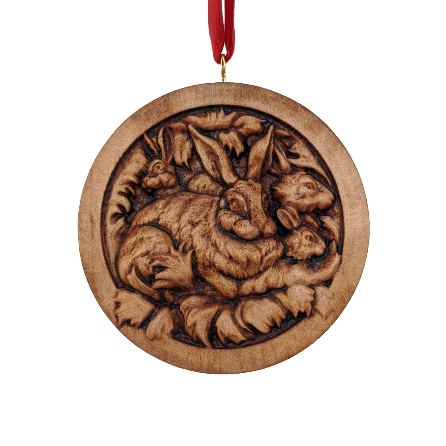 Rabbit Family Carved Wood Ornament