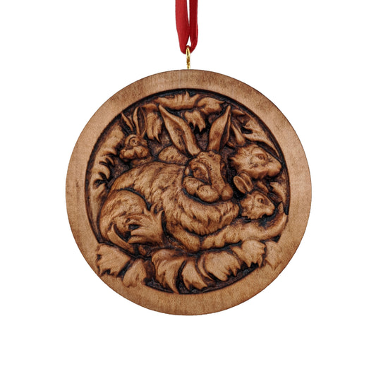 Rabbit Family Carved Wood Ornament