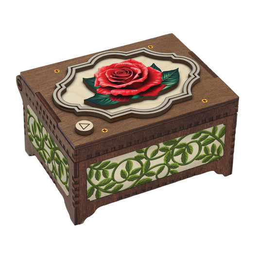 Wooden music box with a colorful rose design on a white background