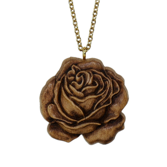 Rose Wood Carved Pendant Necklace