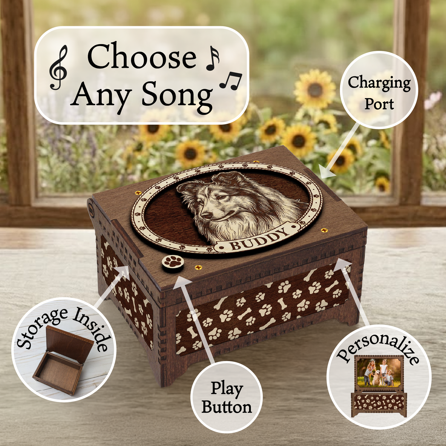 Rough Collie Dog Custom Memorial Music Box, Keepsake Urn