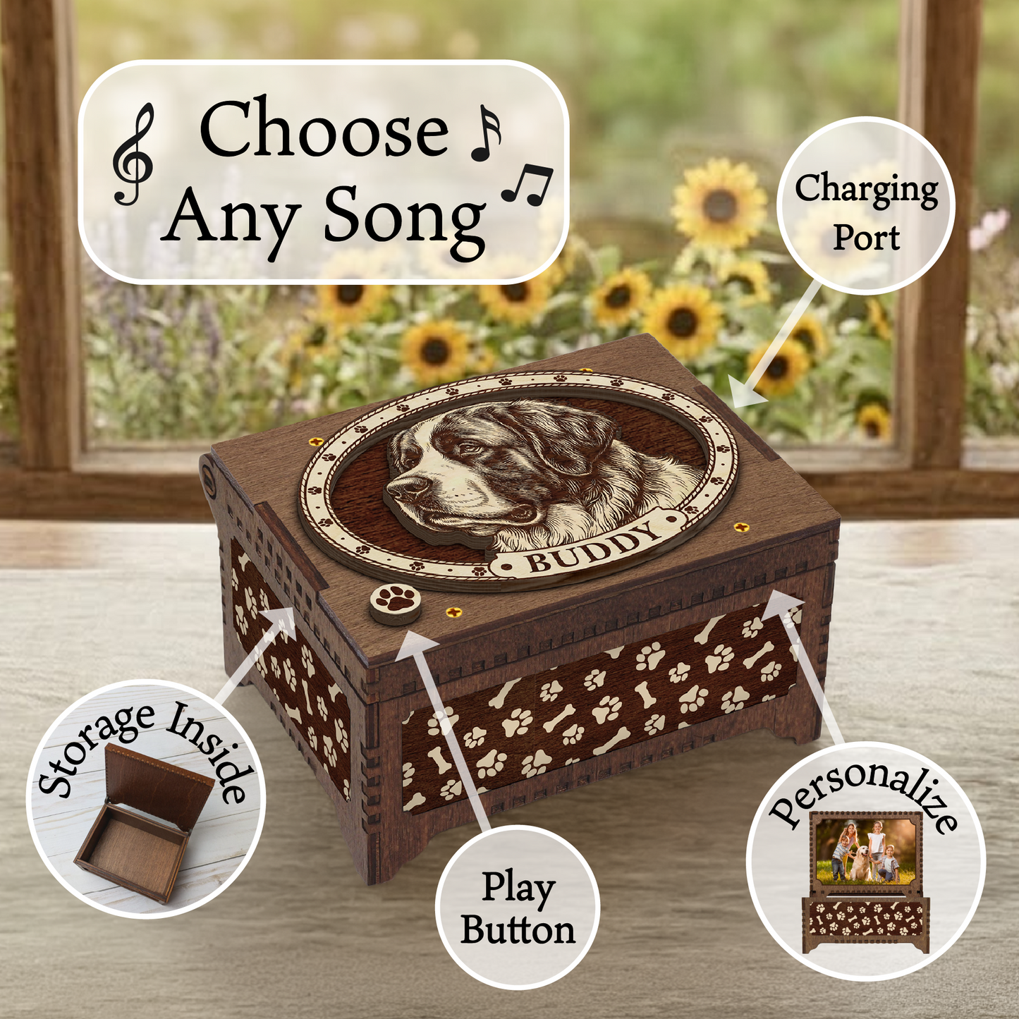 Saint Bernard Dog Custom Memorial Music Box, Keepsake Urn