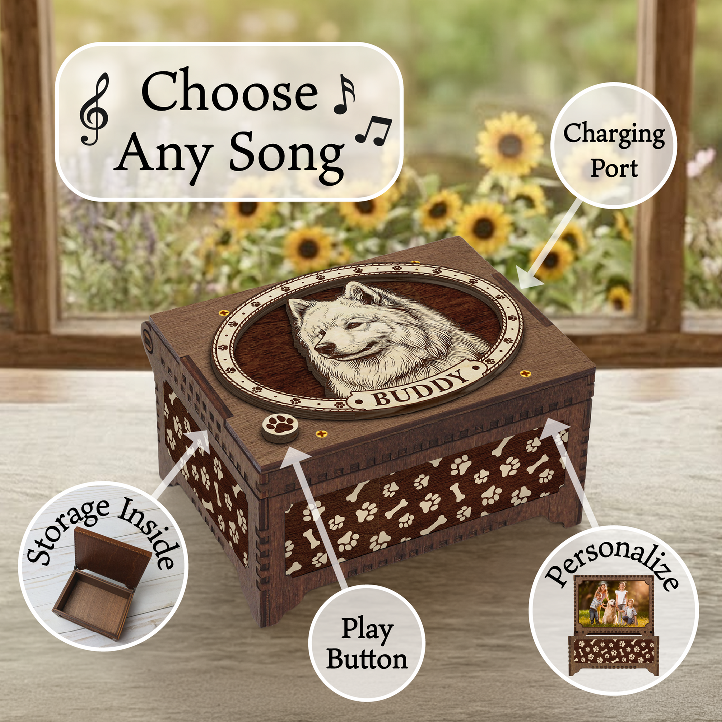 Samoyed Dog Custom Memorial Music Box, Keepsake Urn