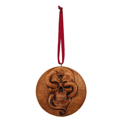 Skull And Snake Carved Wood Ornament