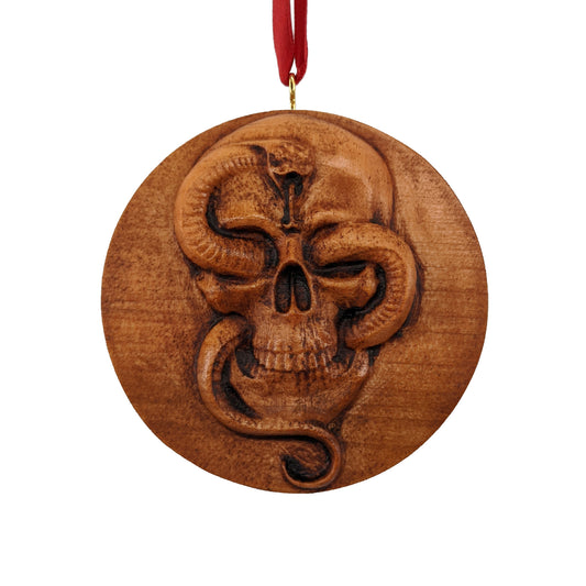 Skull And Snake Carved Wood Ornament