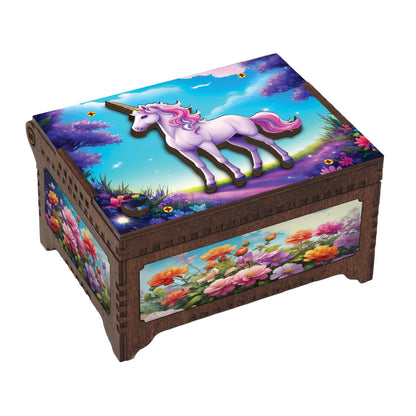 Wooden music box with a unicorn design with a white background