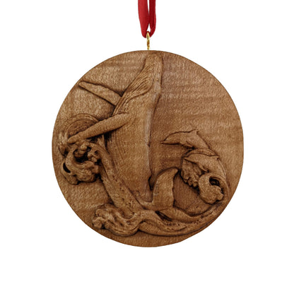 Whale & Dolphins Carved Wood Ornament