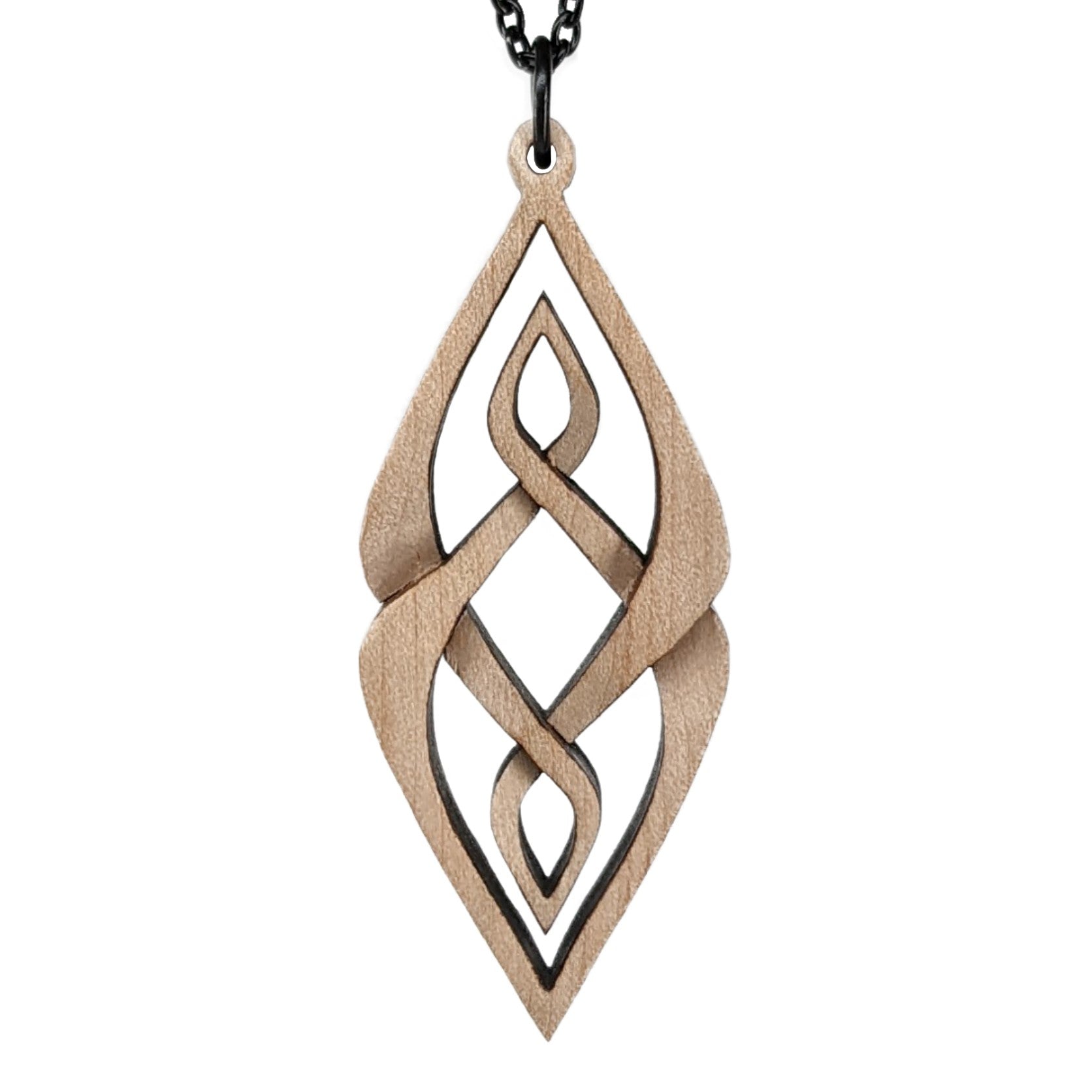 Wooden necklace pendant carved so that curving shapes weave into each other. Made from hard maple wood and hanging from a black chain against a white background.