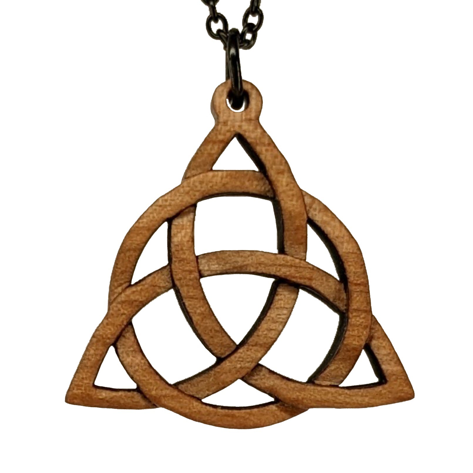 Wooden necklace pendant created in the style of a Celtic woven trinity symbol. Made from hard maple.  Hanging from a black stainless steel chain against a white background.