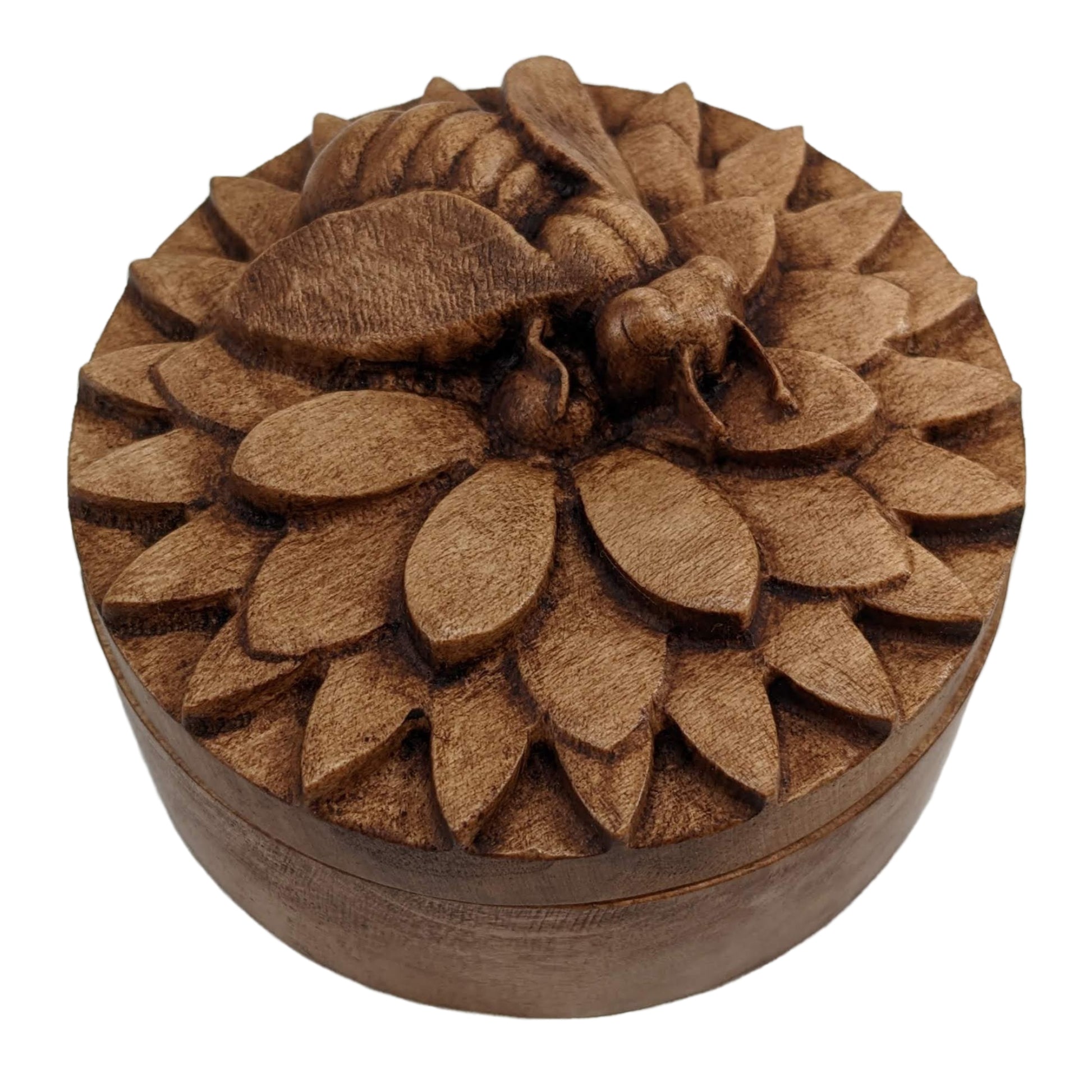 Round wooden box 3D carved with a honey bee rested atop a multi-layered flower. The bee is curved slightly off from the center of the flower as if searching for nectar. Made from hard maple wood with a brown stain against a white background.