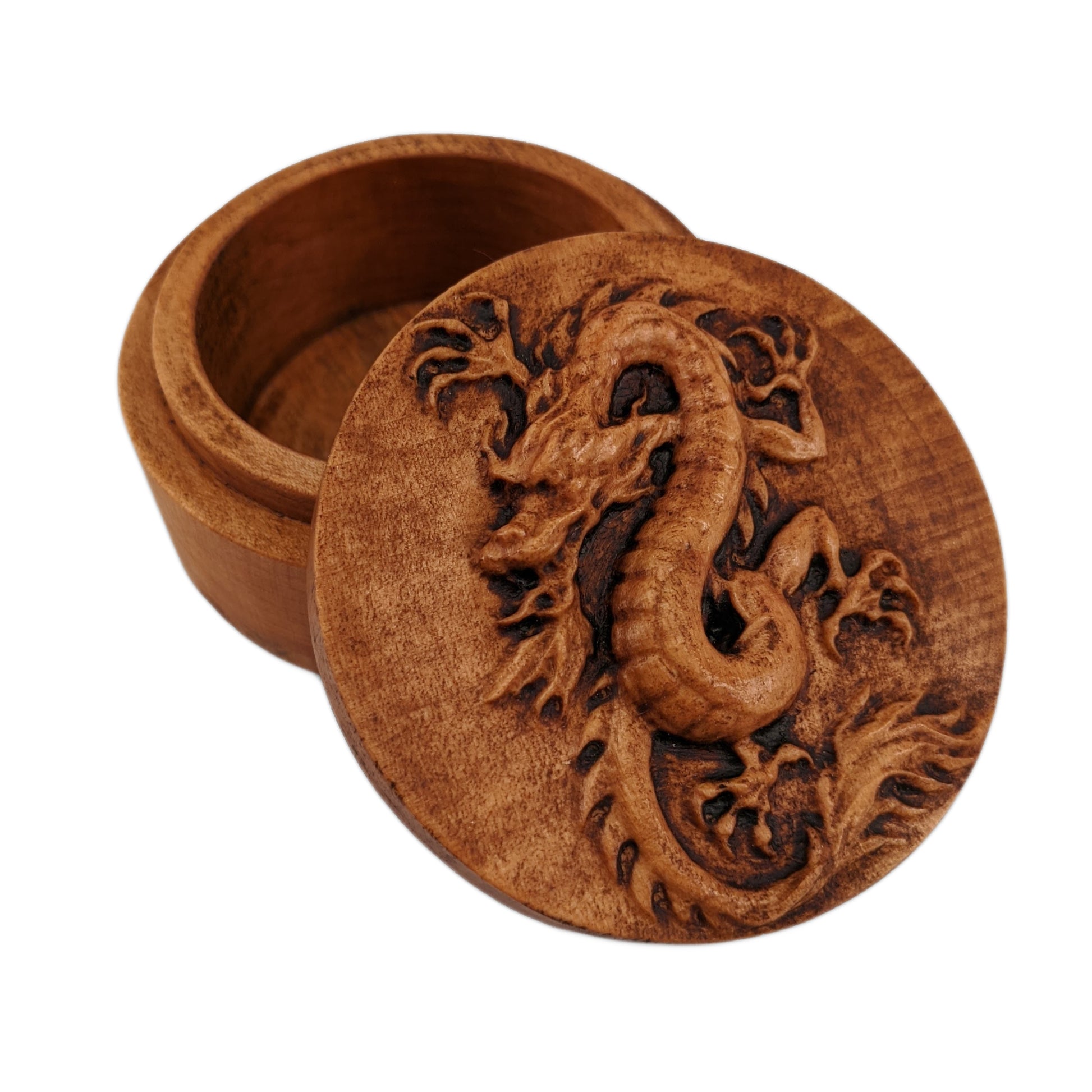 Round wooden box 3D carved with a Chinese dragon coiled around into an upright position. It has an angry bearded face, scaled underbelly, sharp claws, and spines down its back. Made from hard maple wood with a brown stain against a white background.