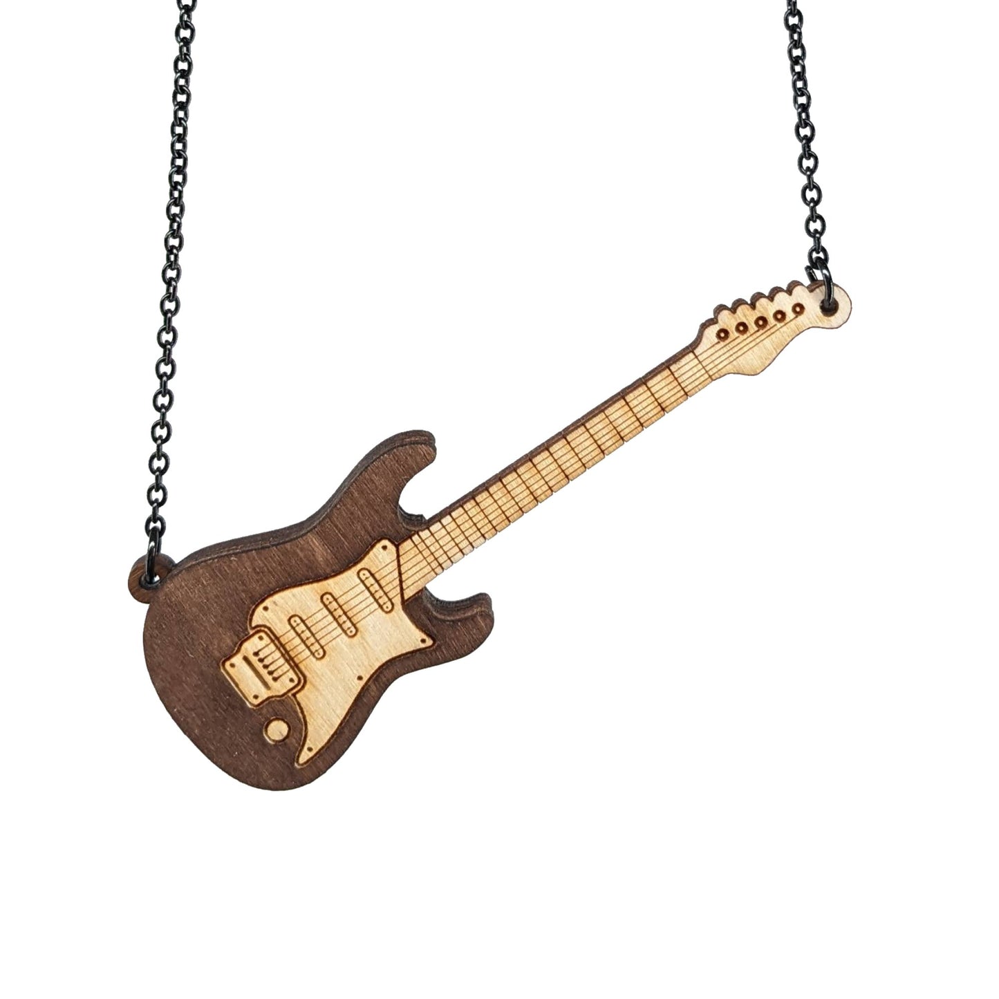 Electric guitar shaped wooden necklace pendant. Made from birch wood and stained dark brown. Hanging from a black stainless steel chain against a white background.