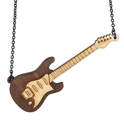 Electric guitar shaped wooden necklace pendant. Made from birch wood and stained dark brown. Hanging from a black stainless steel chain against a white background.