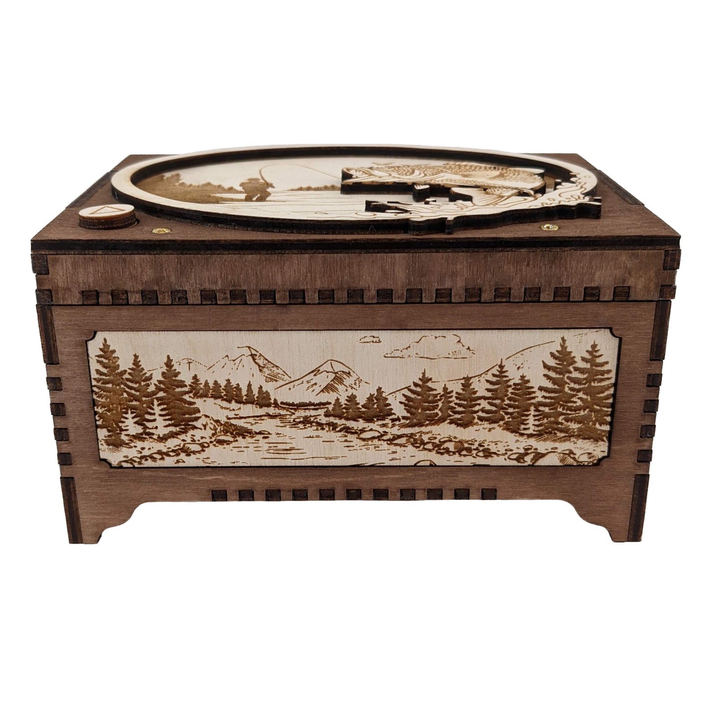 Front panel view of the fishing themed music box for men, showing a close view of the engraved front panel showing a tranquil nature scene of trees, river, clouds, and snowcapped mountains.