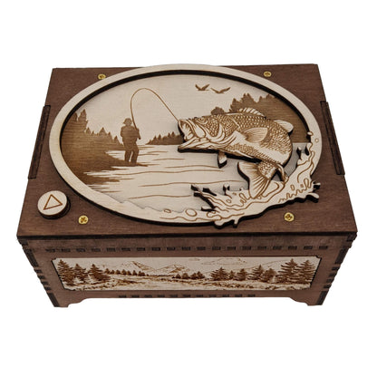 Front view of the fisherman sound box, showing the top engraving as well as the front decorative panel that has a peaceful mountain, river and tree line scene.