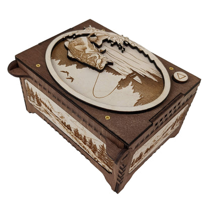 Angled back view of the fishing custom sound music box, showing a peaceful scene of mountains, trees and a river engraved on the back and side of the box.