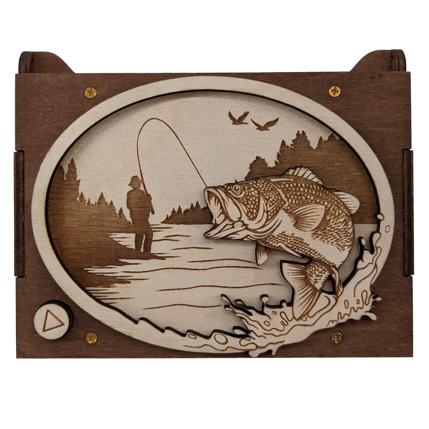 Top view of a fishing custom sound box, with the flowing river, treeline, fisherman, and leaping fish engraved on light wood against a dark wood border.