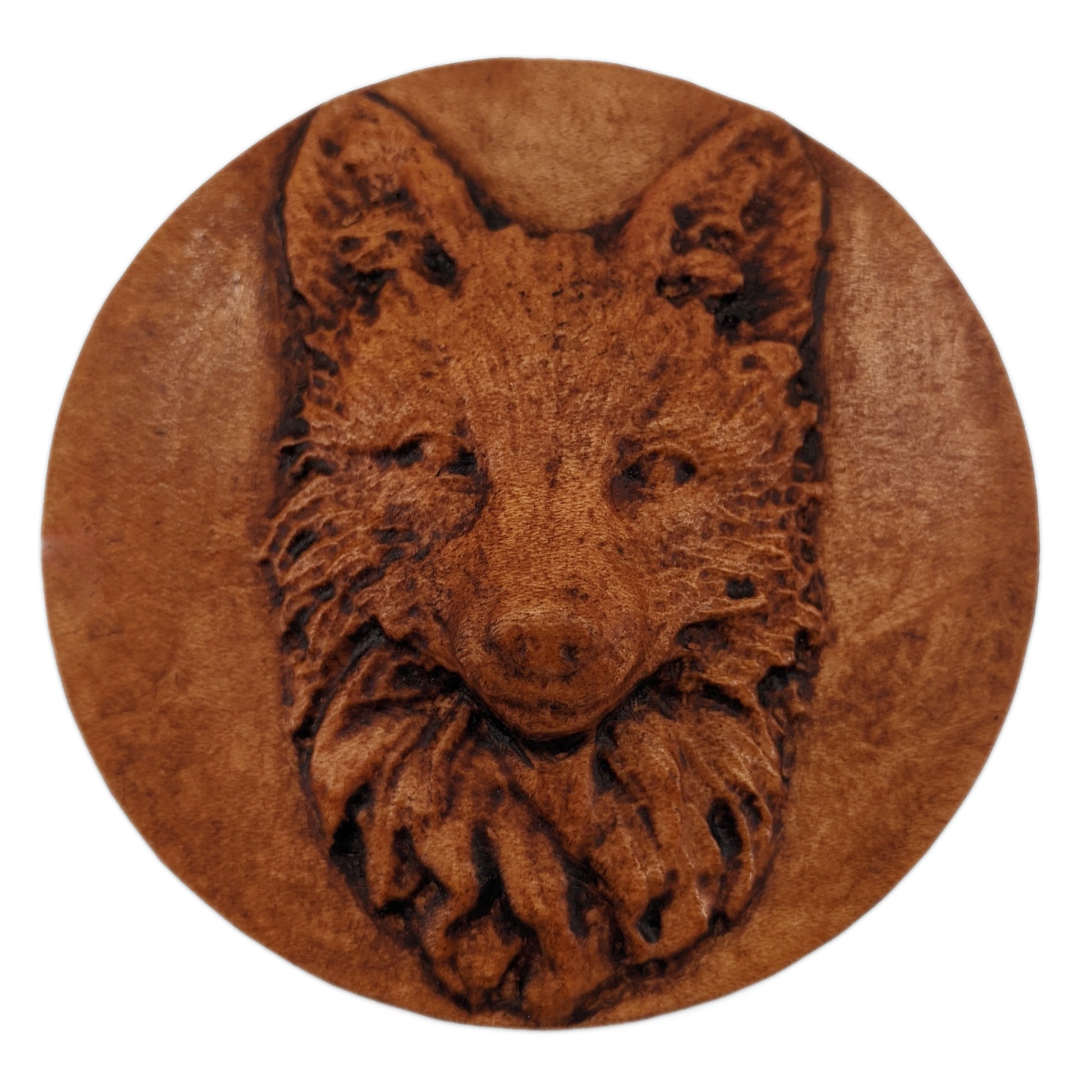 Round wooden box 3D carved with a fox face looking straight ahead. It has tall upright ears and a narrow face. Its fur is long and bushy around its mane and short near its nose. Made from hard maple wood with a brown stain against a white background.