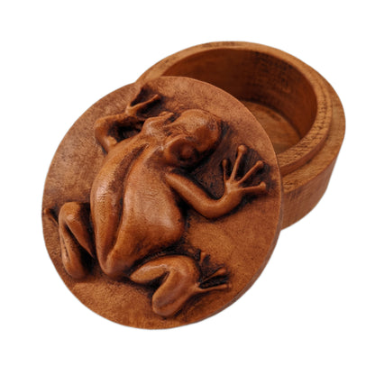 Round wooden box 3D carved with a tree frog in a clinging position. It has smooth skin and long skinny limbs and hands with bulbous fingertips Made from hard maple wood with a brown stain against a white background.