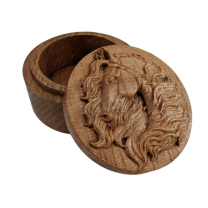 Round wooden box 3D carved with a horse face and neck looking to the left. The horse has long hair flowing from behind its face and down its neck. Made from hard maple wood stained brown against a white background.