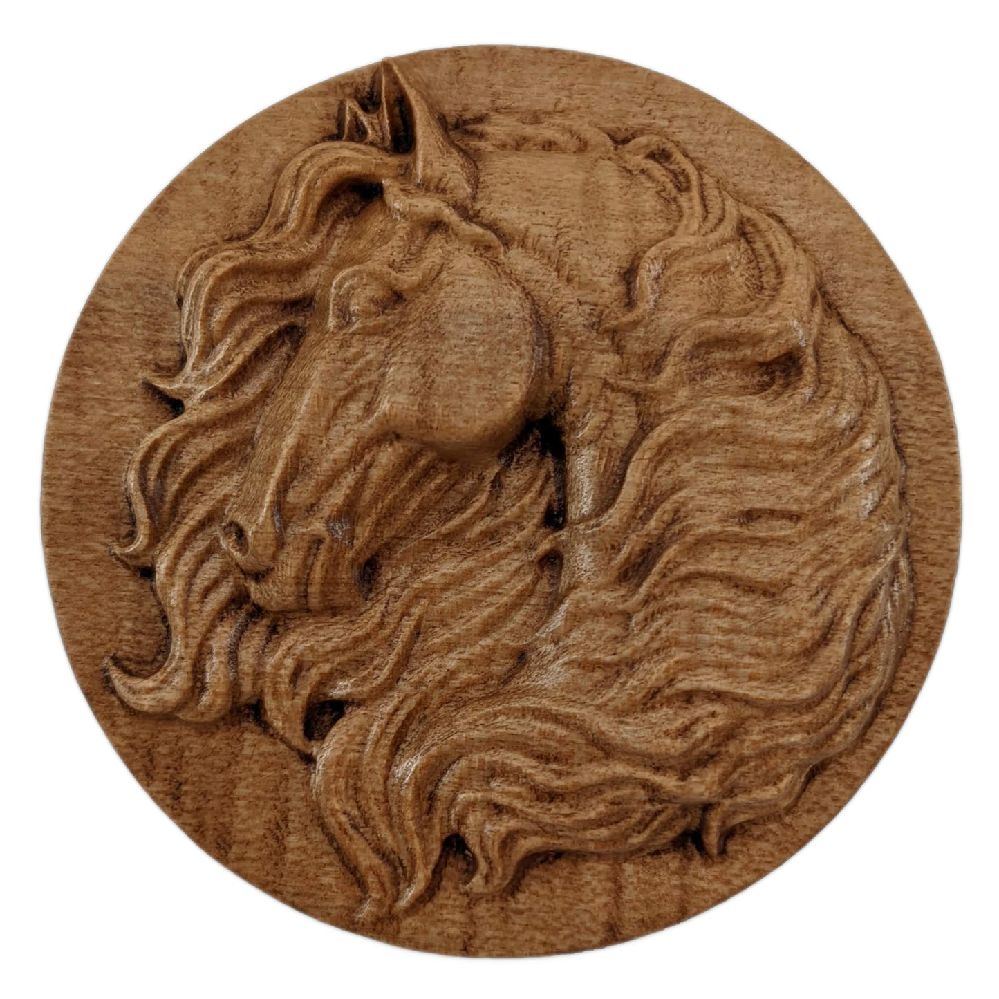 Round wooden box 3D carved with a horse face and neck looking to the left. The horse has long hair flowing from behind its face and down its neck. Made from hard maple wood stained brown against a white background.