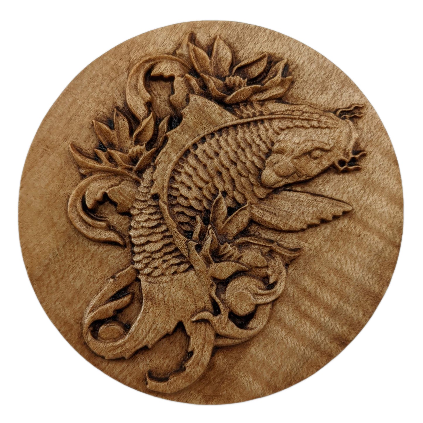 Round wooden box 3D carved with a koi fish surrounded by leaves and filigree designs. It has flowing whiskers, a sharp back fin and intricately carved scales down to its wide tail. Made from hard maple wood stained brown against a white background.