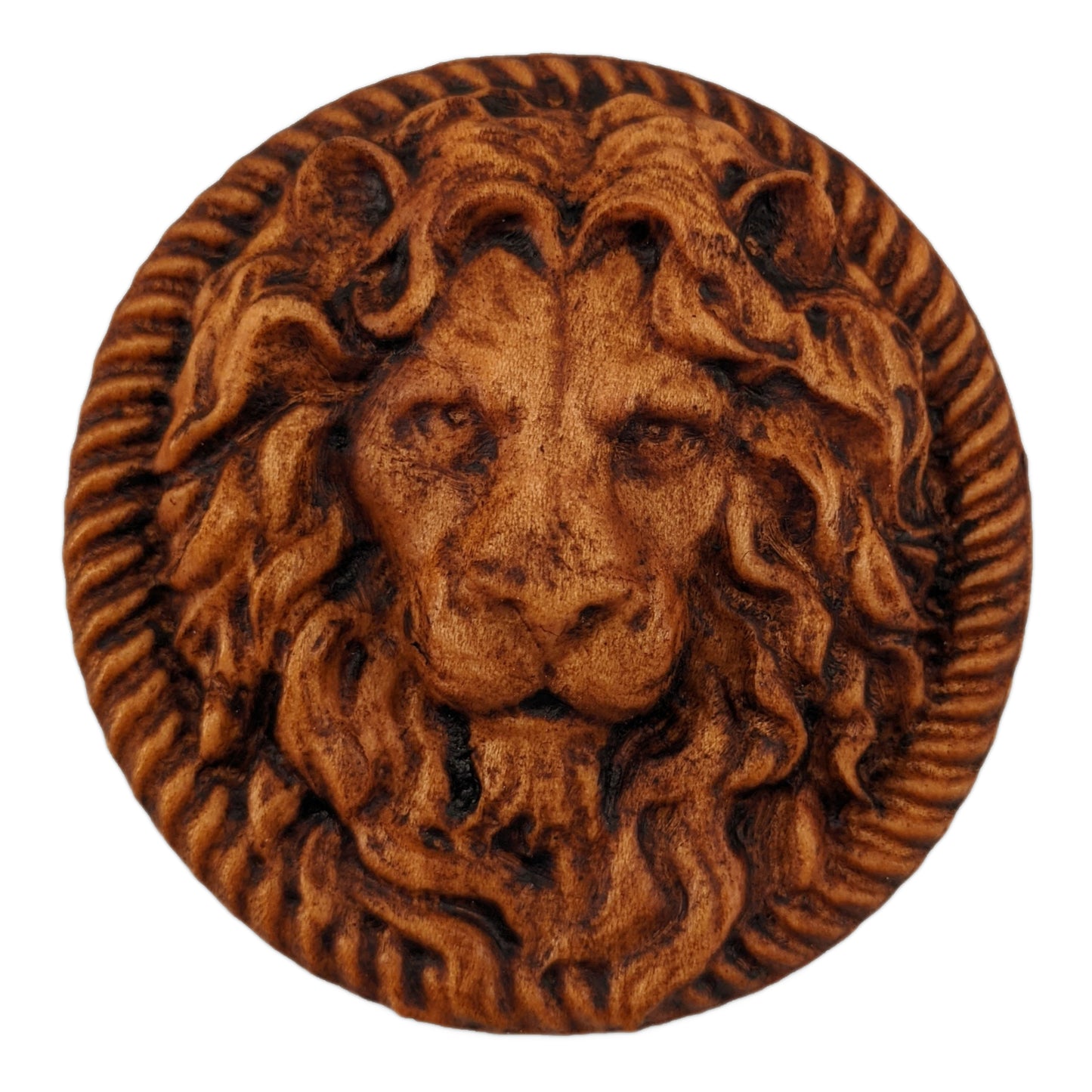 Round wooden box 3D carved with a lions face looking straight ahead surrounded by a rope border. With stern look in its eyes with its mane parted in the middle draping over its face. Made from hard maple wood stained brown against a white background.