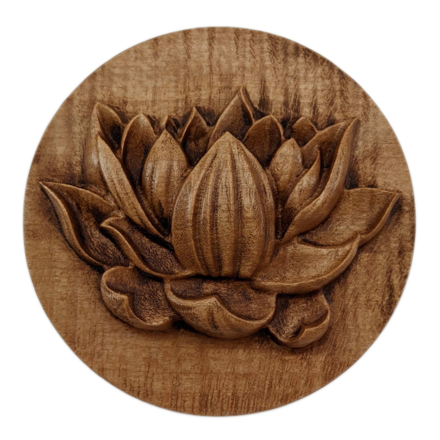 Round wooden box 3D carved with a side profile of a lotus flower. It has several layers of leaves closer to the bottom and layers of petals going up the flower to the pointed center. Made from hard maple wood stained brown against a white background.