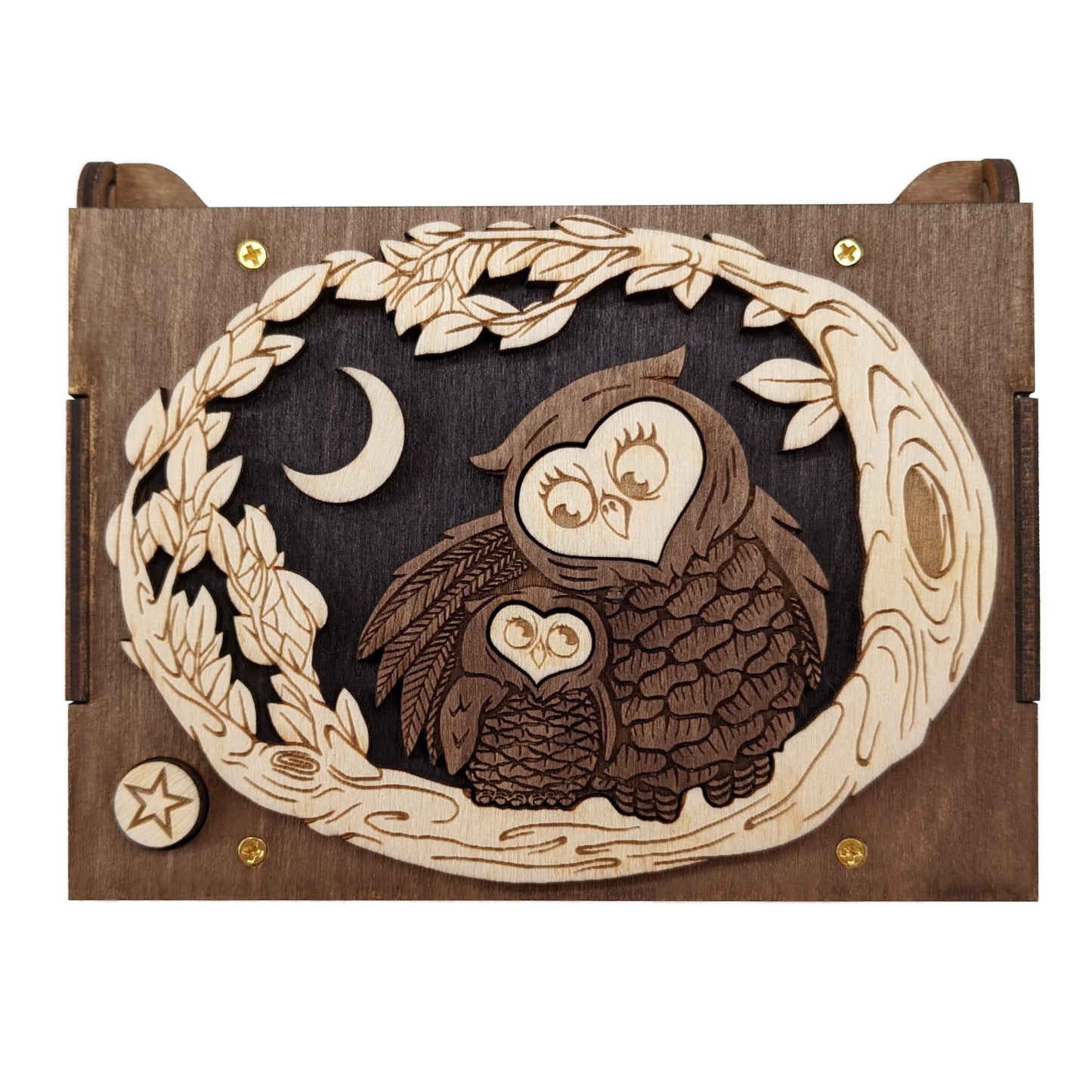 Top view of the owl themed keepsake music box, showing the sweet mother owl hugging the baby owl to her, while sitting in a tree against a night sky.