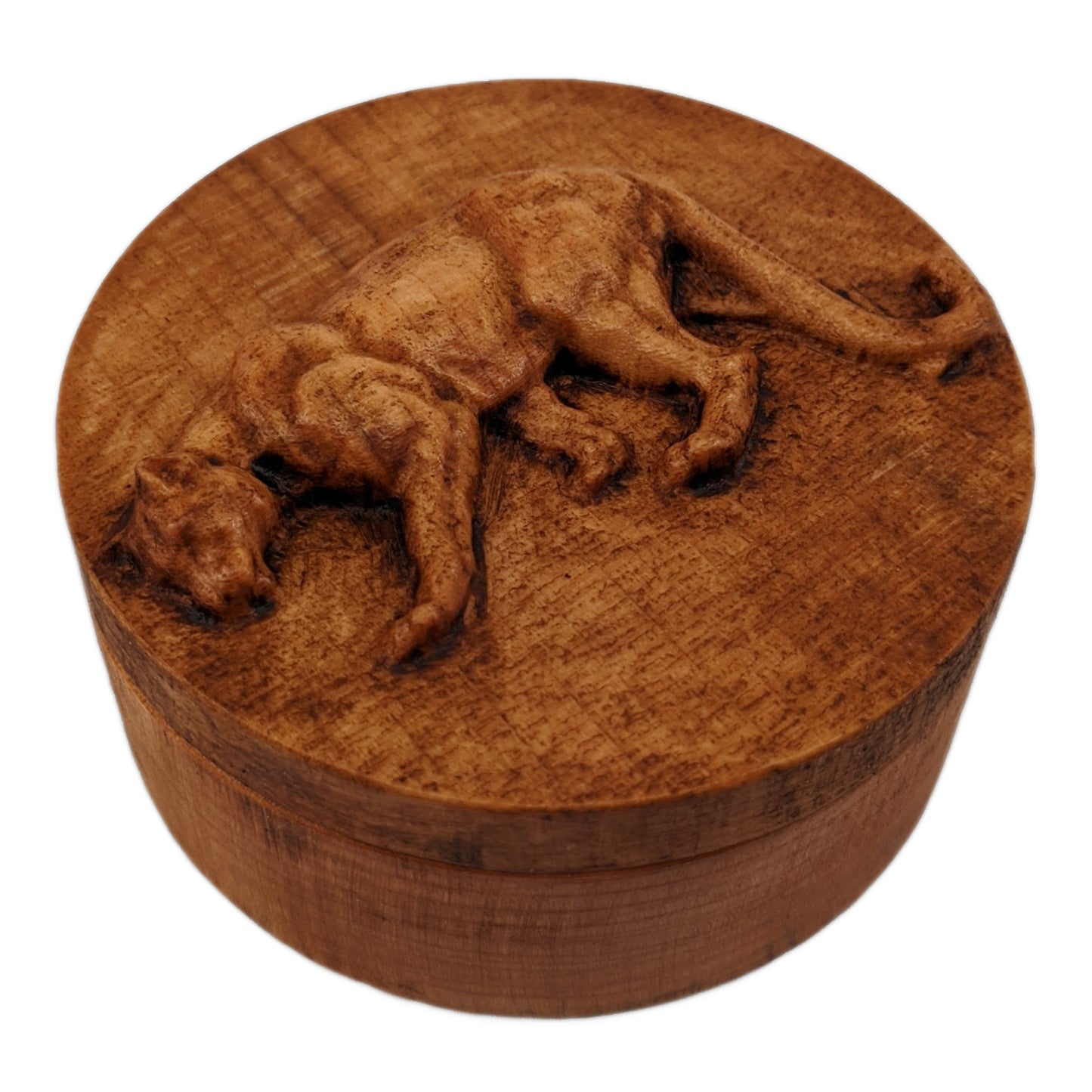 Round wooden box 3D carved with a mountain lion standing broadside to the left. It has a sleek body with its head bent toward the ground and a long tail that hangs to its feet. Made from hard maple wood stained brown against a white background.